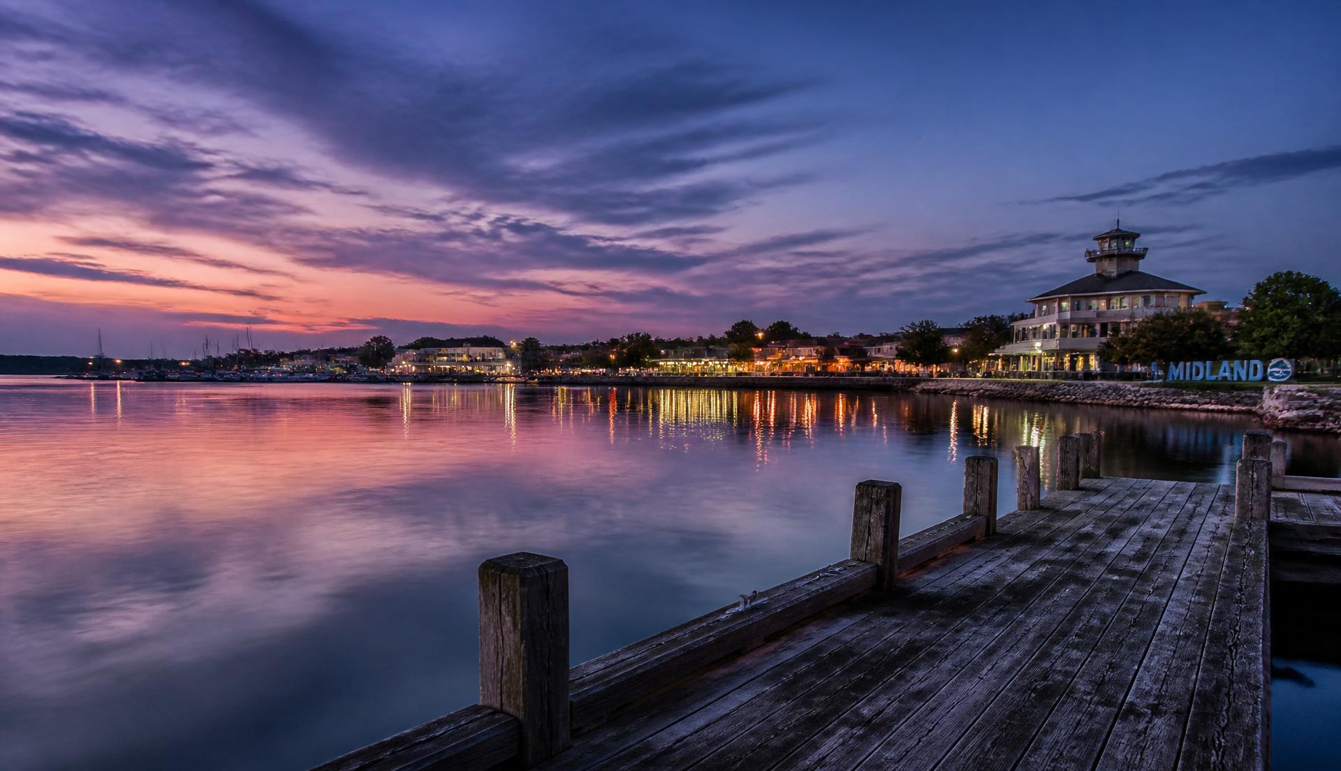 Midland town docks at twilight on Georgian Bay
