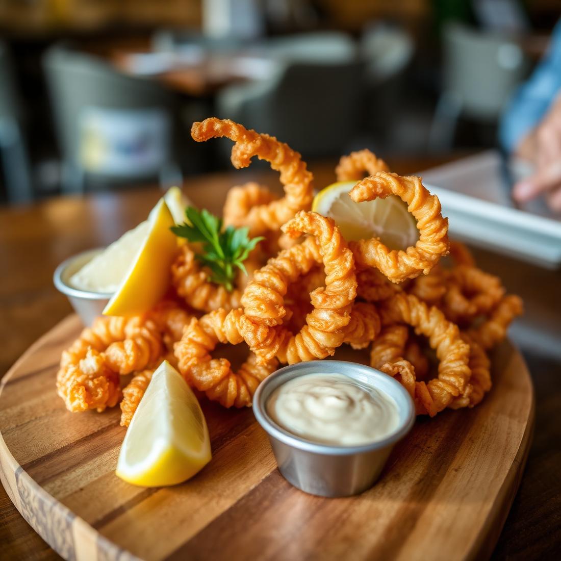 Crispy calamari on wood board
