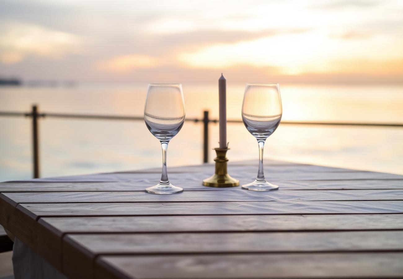 Wine glasses on cedar dock at sunset