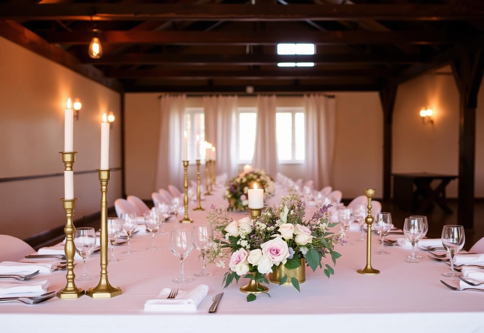 Private event with elegant table setting and brass candleholders